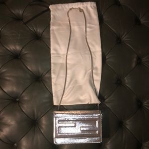 Fendi WalletOnChain Metallic Leather Clutch Silver